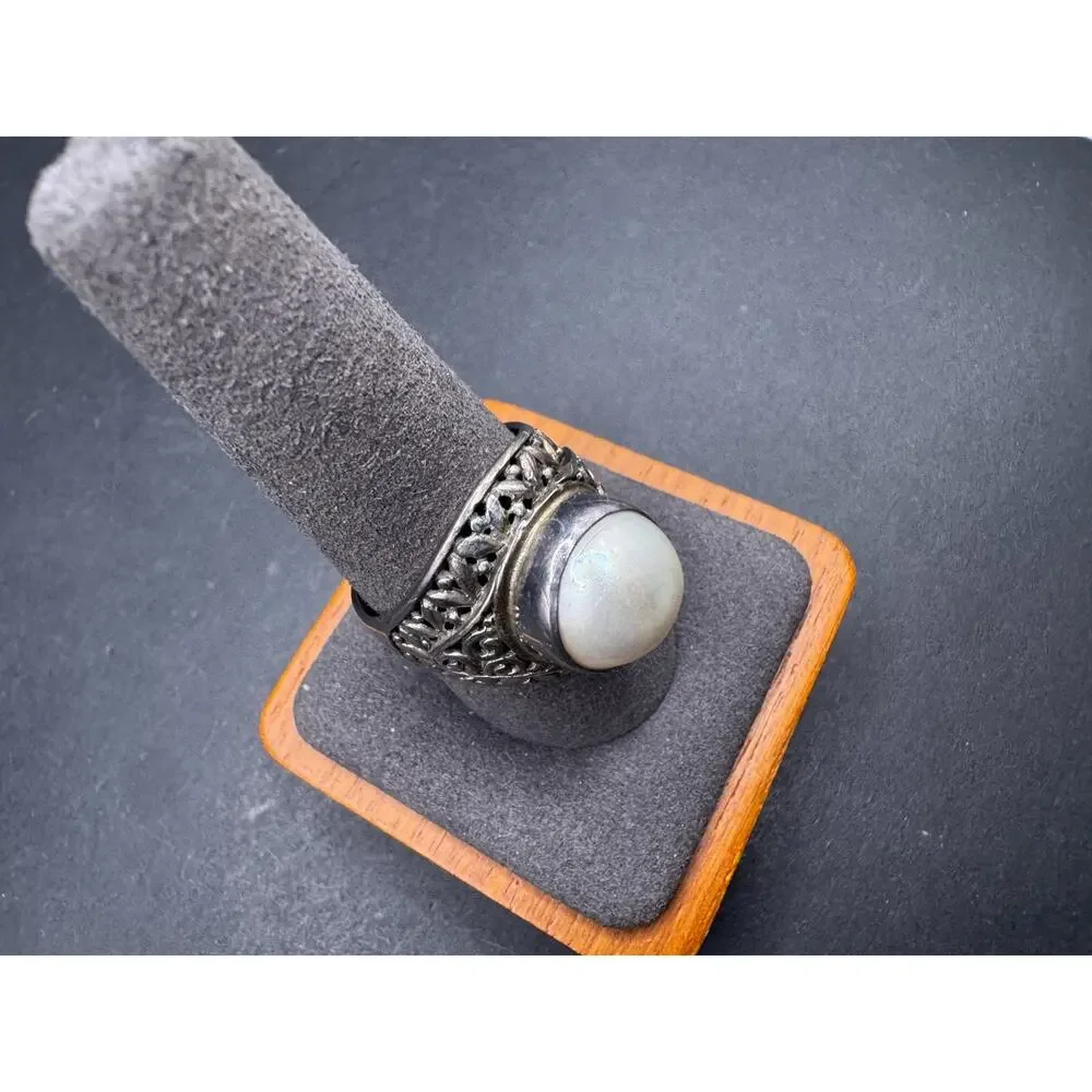 Vtg 925 Sterling Silver Mother Of Pearl Cocktail Statement Filigree Ring Sz 10